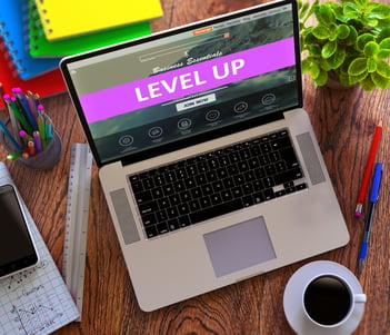 Level Up on Landing Page of Laptop Screen. Growth, Development Concept. 3D Render.